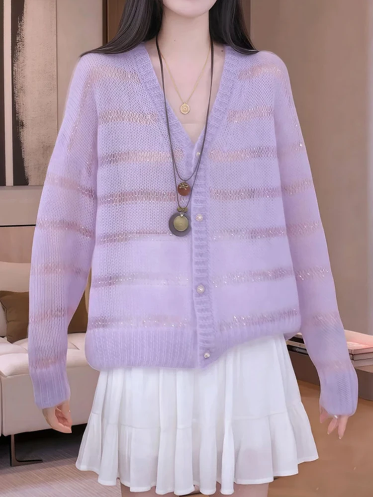 

Purple V-Ne Long Sve Knitted Open Cardigan Women's Casual Sle Slimming Sweater Jaet Top for Autumn 2025