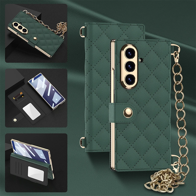 حافظة جلدية قابلة للطي بنمط الماس مناسبة لهاتف سامسونج جالاكسي Z Fold 7 Z Fold6 Z Fold5 Z Fold4 Z Fold3، حافظة هاتف عصرية على شكل سلسلة شانيل