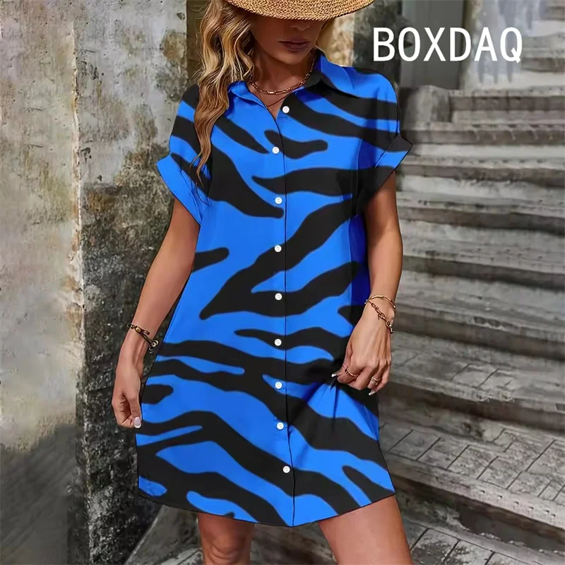 Fashion Women's Shirt Dress Summer Short Sleeve With Button Lapel Casual Dress 3D Vintage Striped Print Loose Lady Evening Dress