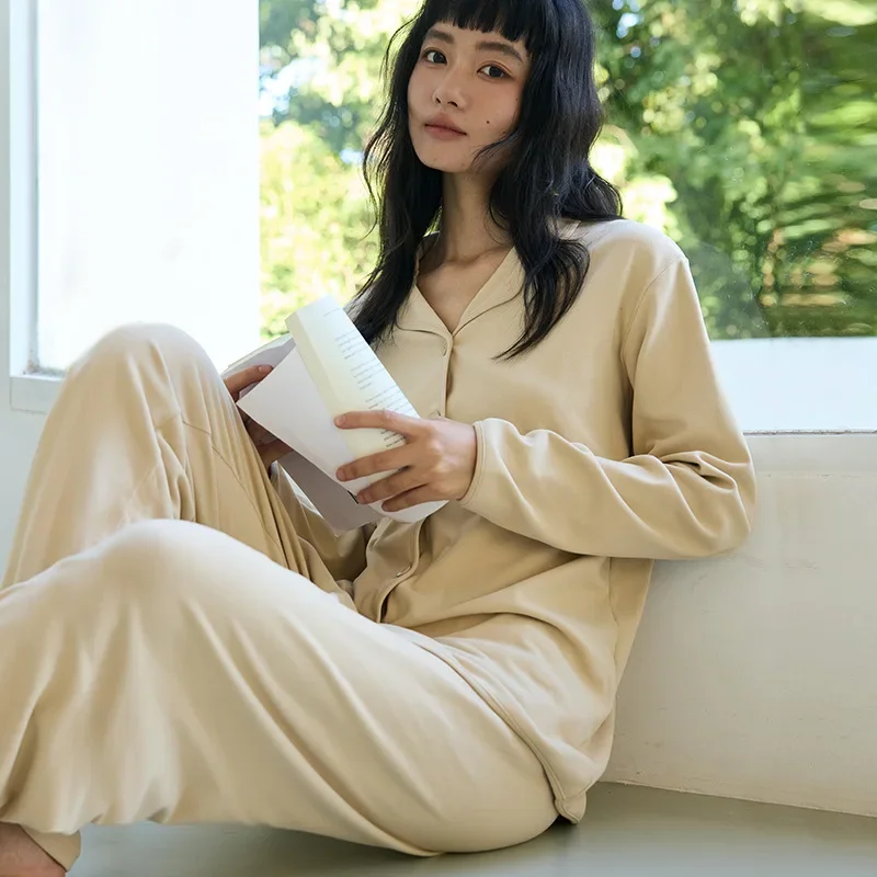 Conjunto de Ropa de Casa para Mujer, Otoño Invierno, Color Sólido, Camisa Holgada con Botones y Cuello Reversible, Pantalones Largos Casuales, Pijama Suave