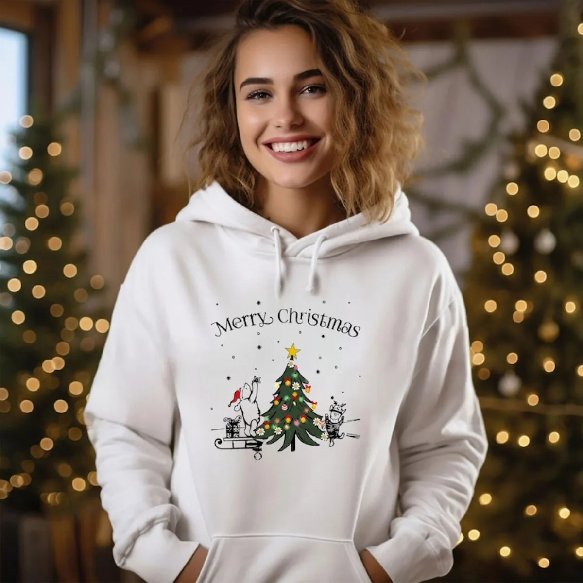 

Женская модная повседневная толстовка с капюшоном с рождественским принтом и толстым флисом, подходящая для праздничных подарков и повседневной носки