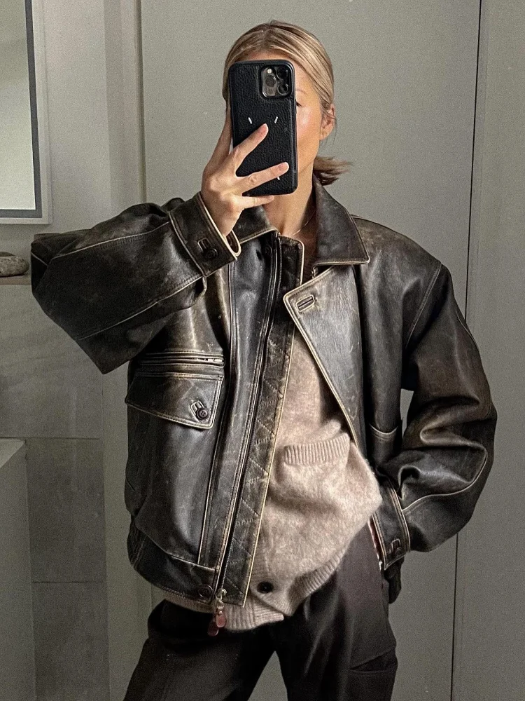 

Edgy Biker Jacket Vintage Designers Chic Faux Leather Jackets Women Loose Pocket Female Stylish Fashion Street Outerwear