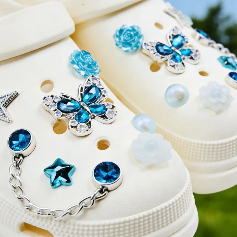 14pcs Blue DIY Shoe Buckle Decorations Casual Diamond Butterfly Heart Rose Designs Suitable for Shoes with Holes And Sandals