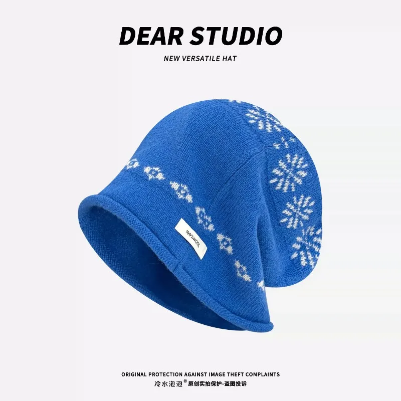 100% Wool Fair‑Isle Jacquard Knit Beanies for Women Autumn Winter Ear‑Flap Warm Versatile Slouchy Pullover Bonnet Hats Men