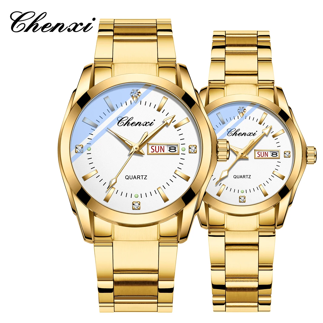 CHENXI 남녀 커플 시계 세트, 스테인레스 스틸 쿼츠, 달력 주간 손목시계, 커플 선물, 오리지널 브랜드