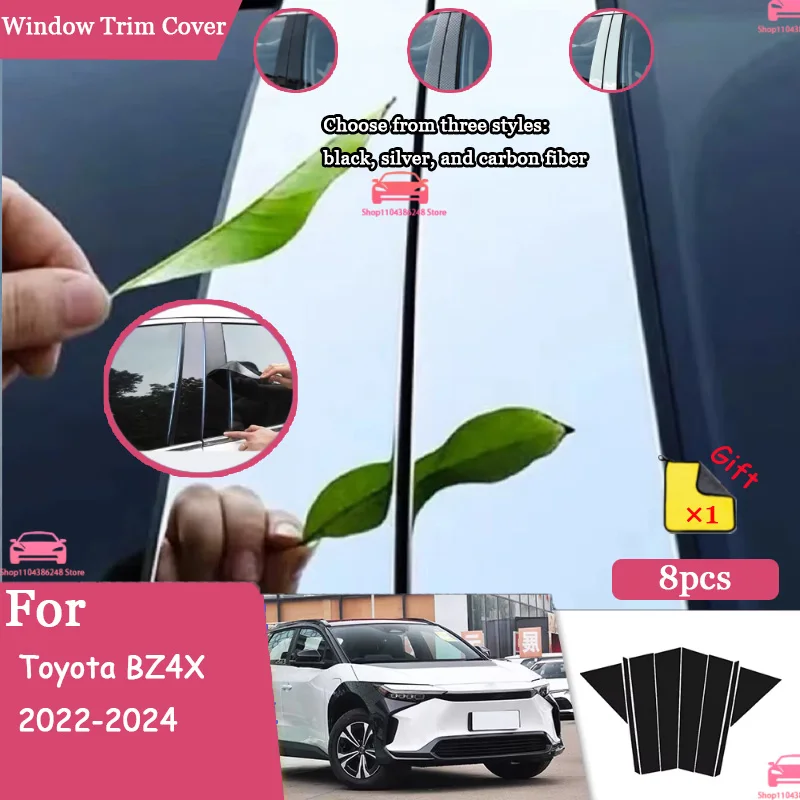 

8pcs For Toyota BZ4X 2022-2024 Glossy Carbon Fiber Black Silver Car Door Window Center BC Pillar Center Pillar Trim PC Sticker