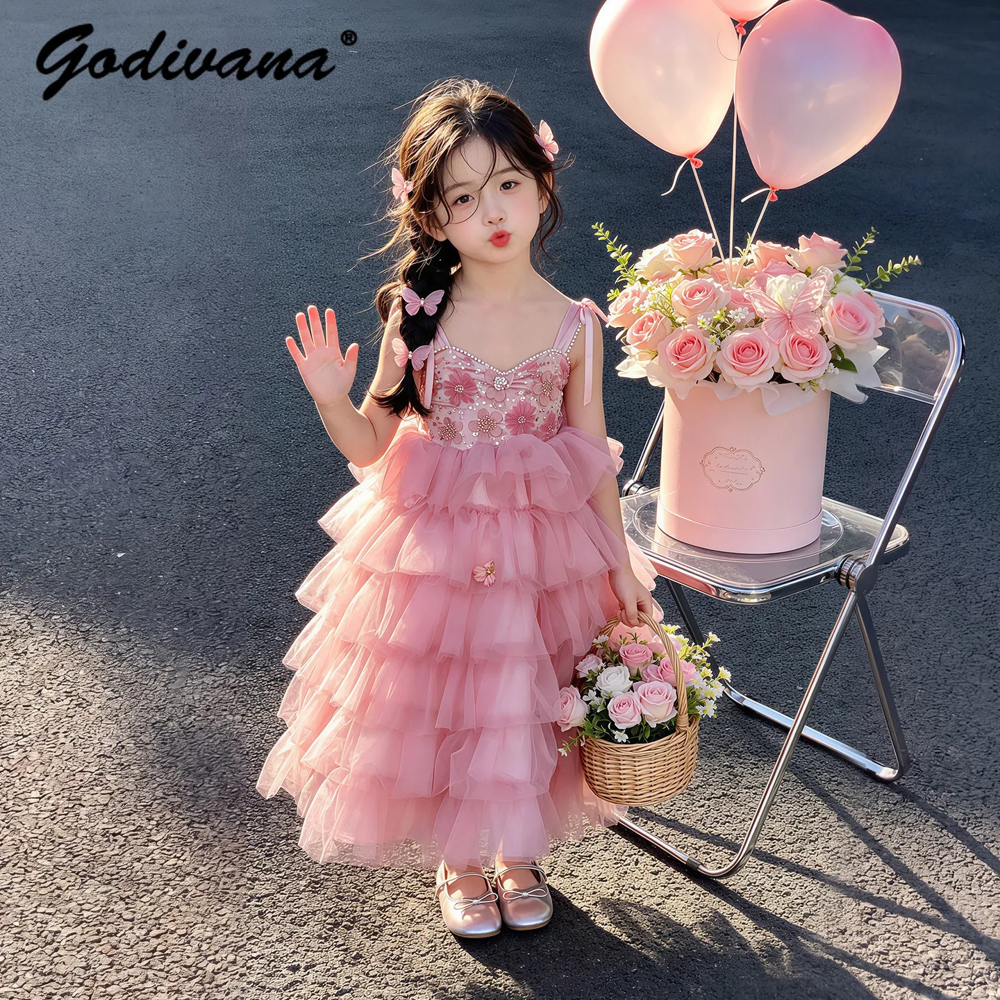 Sweet Baby Girls 2026 New Summer Pink Straps Dress Childrens High End Sequin Tulle Birthday Party Princess Cake Maxi Dress