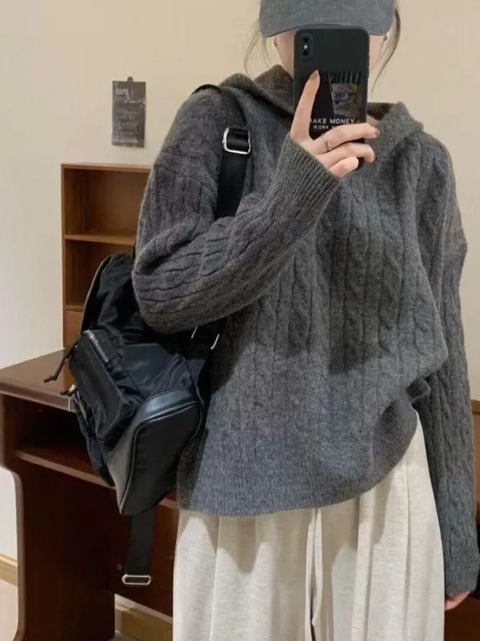 

Корейский осенне-зимний вязаный свитер с капюшоном и узором «косичка» для женщин, модный базовый слой, трендовый