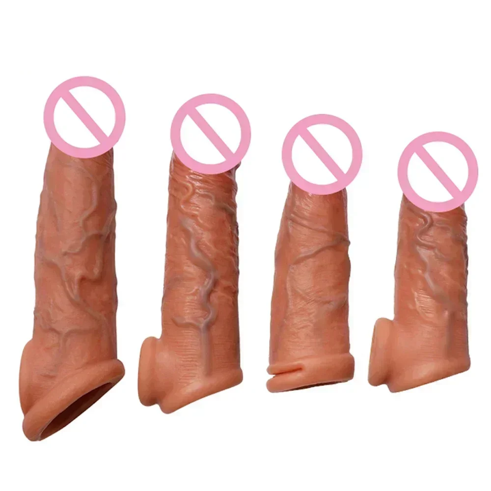 Soft Realistic Condoms For Men Reusable Penis Sleeve For Male Extender Dildo Enhancer Enlargement Condom Male Cock Sex Toys