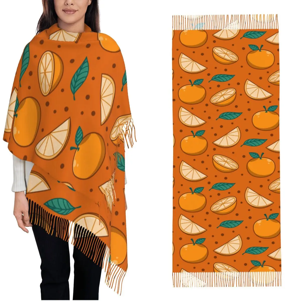 Cartoon Orange Lemon Persimmon Scarf for Womens Warm Winter Pashmina Shawls and Wrap Long Scarves with Tassel for Ladies