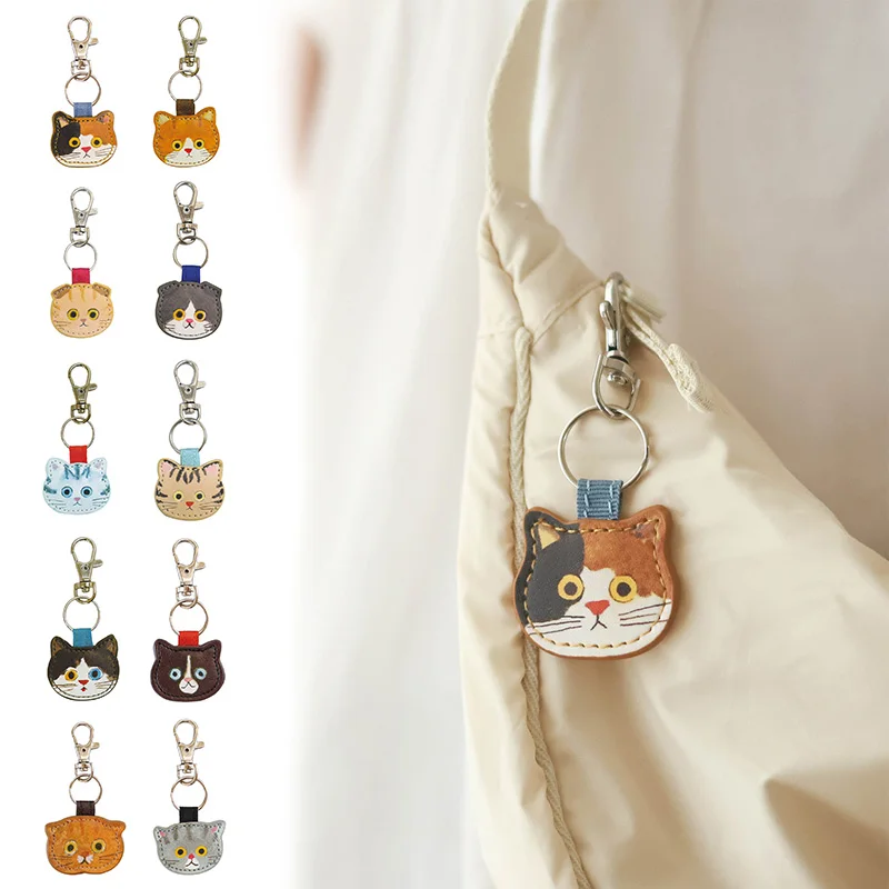 Japanese Cartoon Kitten Keyring Backpack Zipper Pendant Cute Pu Leather Cat Key Chain Mini Calico Cat Lobster Clasps Key Holder