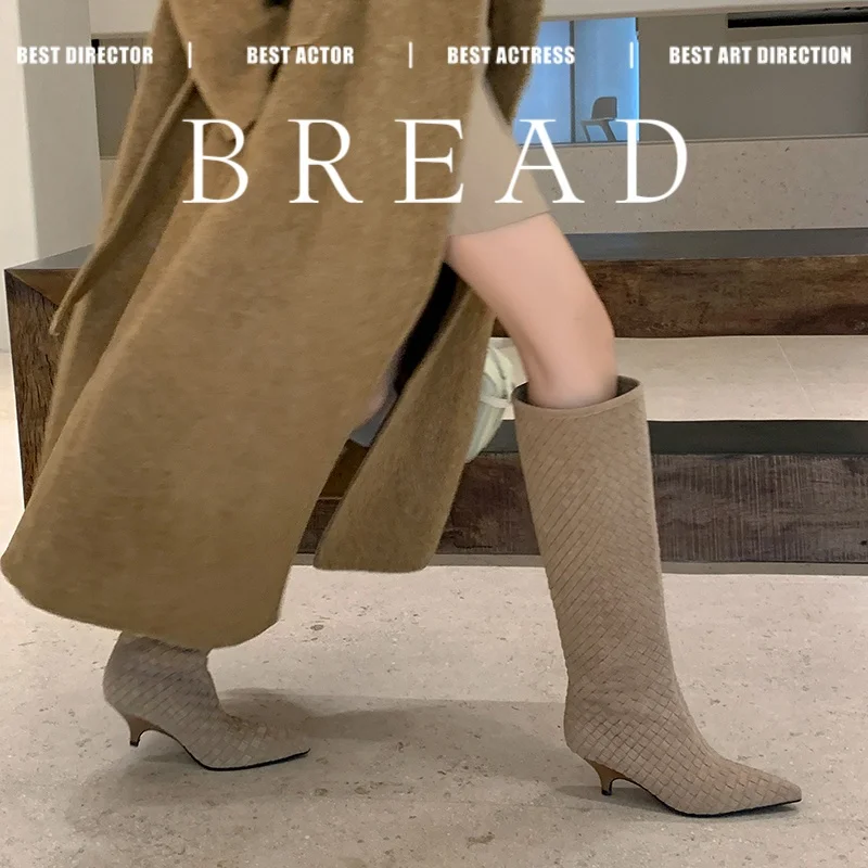 2026 new autumn winter women knee-high boots natural leather 22-24.5cm grid pattern cow suede pointed toe high heel long boots