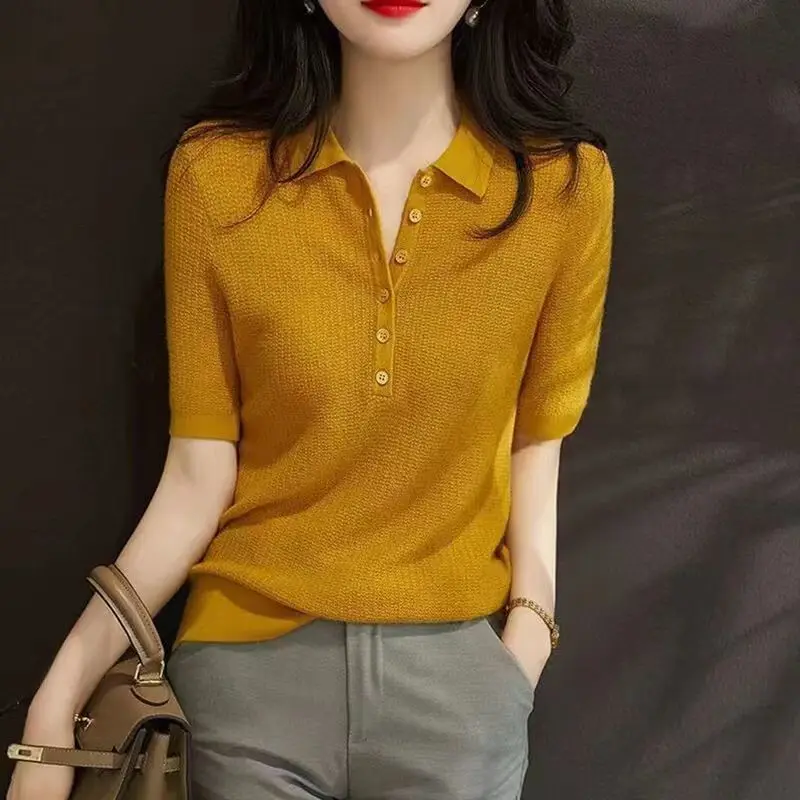 Fashion Solid Color Office Blouse Women New Classic Short Sleeve Button Ornament Polo Collar Lady All-match Pullover Shirt 2023