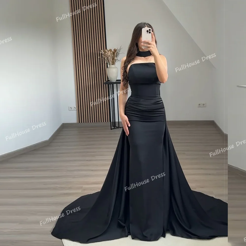

Customized Simple Evening Dress Boat Collar Pleated Straight Floor Length Modest Party Dress with Train فساتين سهر
