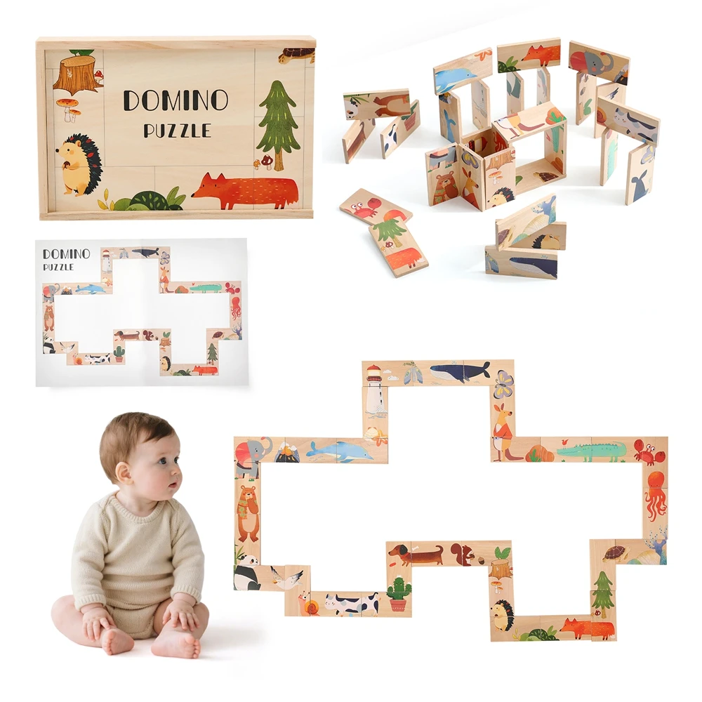 ألعاب أطفال مونتيسوري خشبية كرتونية على شكل حيوانات دومينو لغز كومة بناء بطاقات مكعبات توازن الطفل وألعاب تعليمية هدية للأطفال