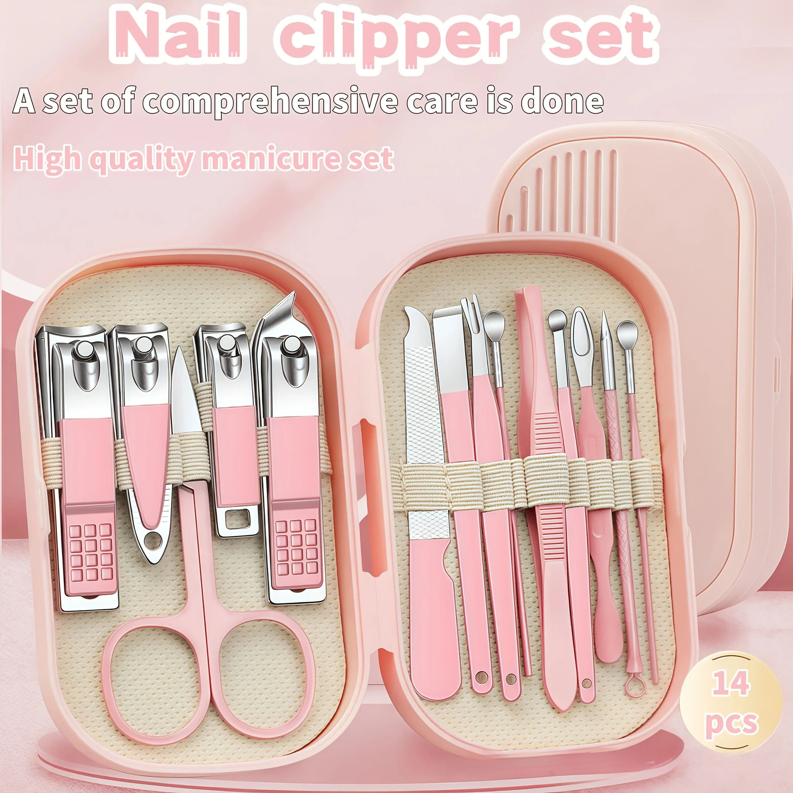 Ensemble de coupe-ongles portables avec cure-oreille, outils de manucure durables pour dortoir, ciseaux à sourcils et accessoires pour Nail Art, 14 pièces