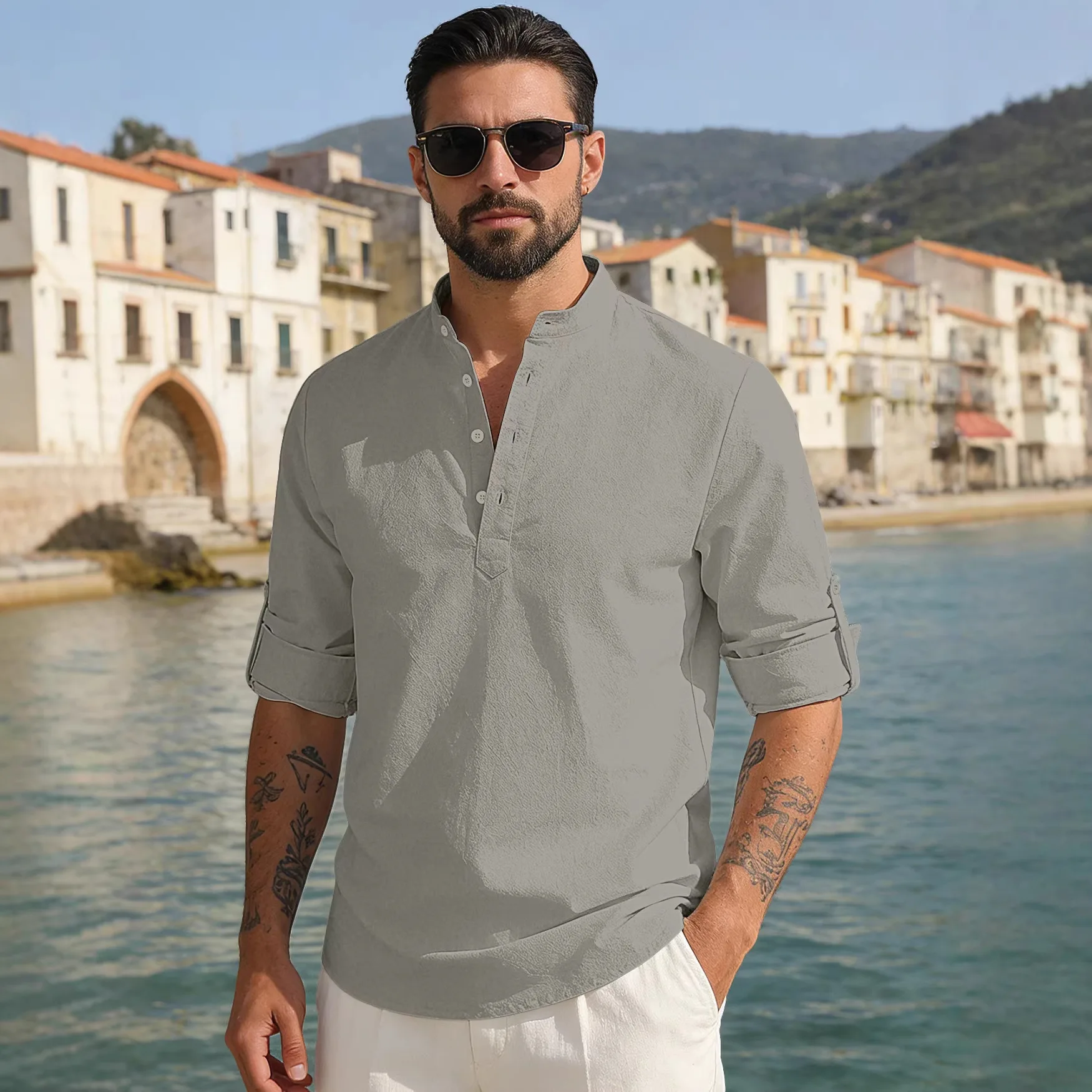 Men's Stand-up Collar Solid Color Long-sleeved Cotton and Linen Half-buckle Casual Sports Loose Texture Breathable Cw58880