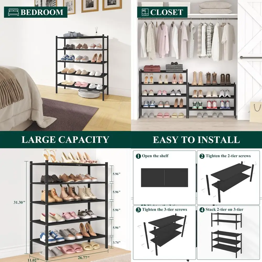 

5-уровневый бамбуковый органайзер для обуви, штабелируемая полка для хранения для прихожей, шкафа и растений - черный