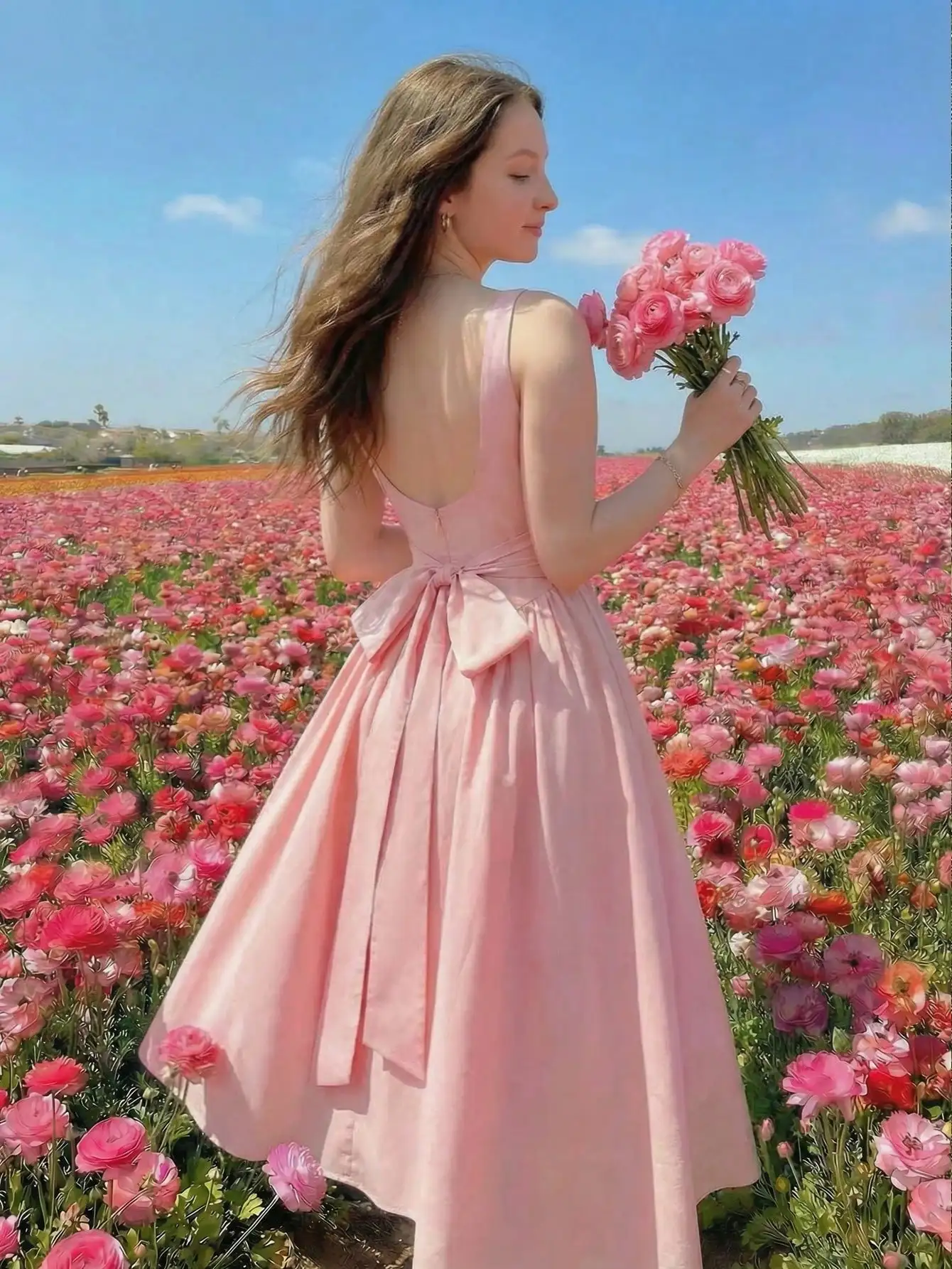 

Pink Spaghetti Strap Backless Bow Dress For Women Formal Event Summer Graduation