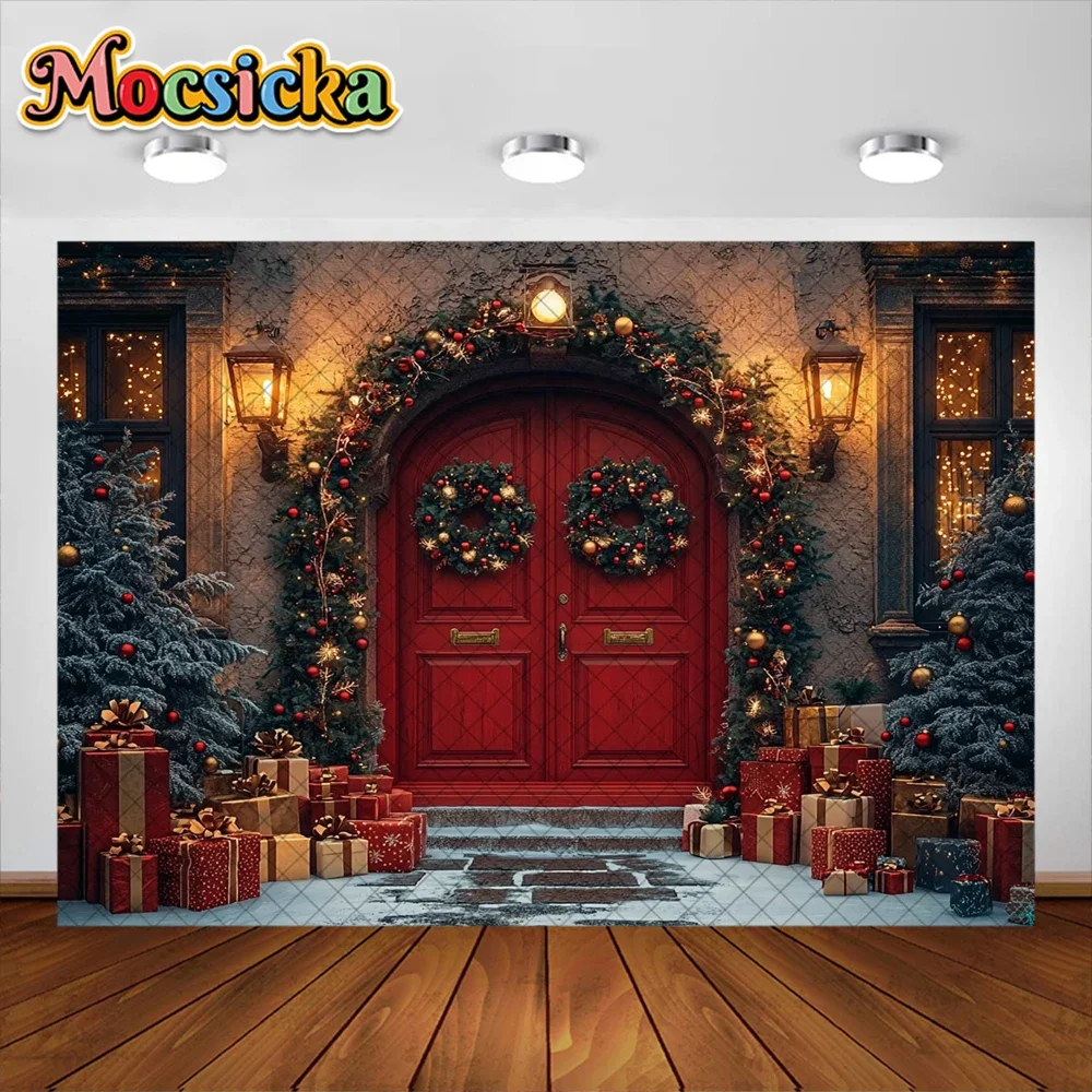 Mocsicka Photography Background Christmas Tree Red Wooden Door Gift Decoration Kid Holiday Portrait Photo Background Studio Prop