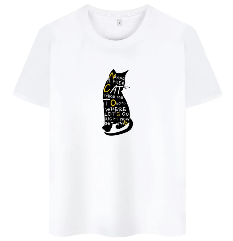 Stylish Cat Silhouette Text Art T-Shirt A Free Cat Print Short Sleeve Casual Top for Cat Lovers Versatile Tops for Women Men