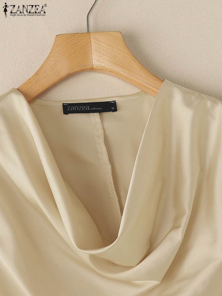ZANZEA décontracté Satin hauts de fête femme col bénitier 2025 mode Style coréen Blouses élégant à manches courtes couleur unie Blusas Mujer