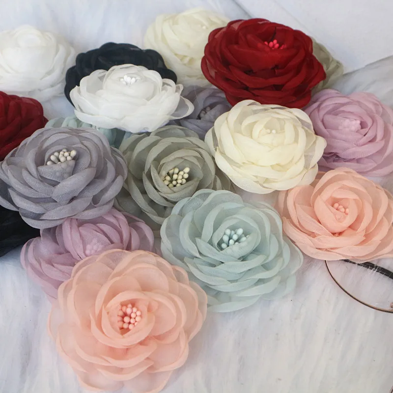 10PCS/Lot 5.5CM 3D Organza Chiffon Fabric Cored Artificial Rose Flower For Wedding Dress Hats Decoration DIY Sewing Applique