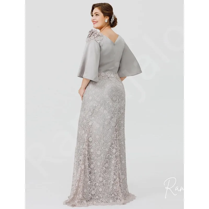 Plus Size Mother of the Bride Dress in Silver Satin and Lace Floor Length Half Sleeves and Floral Shoulder Detail Wedding Gowns