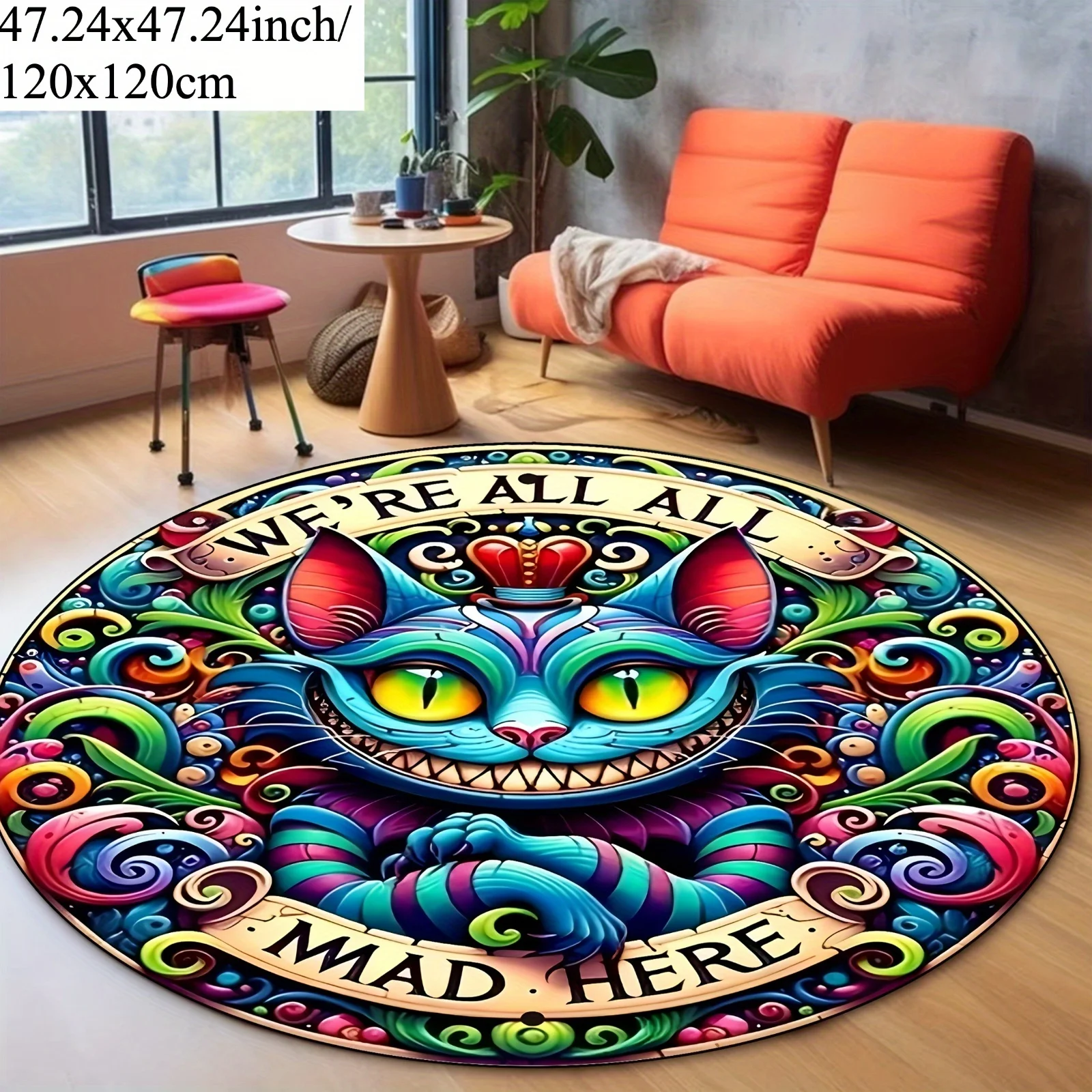 Cheshire Cat Alice Wonderland Round Rug Fleece Colorful Psychedelic Design We Re All Mad Here Quote Boho Chic LivingRoomFloorMat