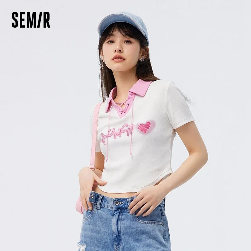 Semir Polo Shirt Women Short Embroidered Sweet Cool Retro 2023 Summer New Contrast Color Tight Polo Shirt