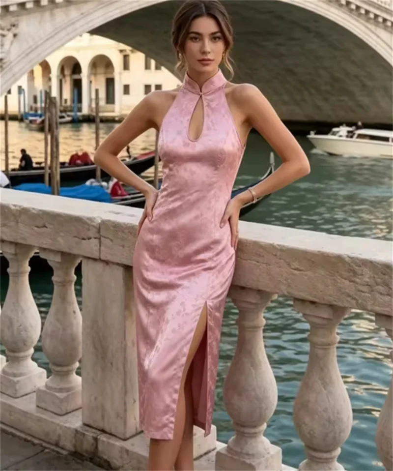 Guobioziy 2026 Summer New Women's Dress Pink Jacquard Halter Neck Hollow Long Dress Elegant and Graceful Beach Vacation - view 4
