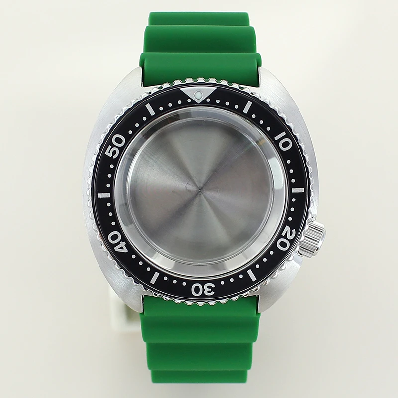 

45mm NH35 Watch Case Green Rubber Watchband Sapphire For Seiko NH35NH36 Movement 28.5mmDial Modified Abalone Steel Chapters Ring