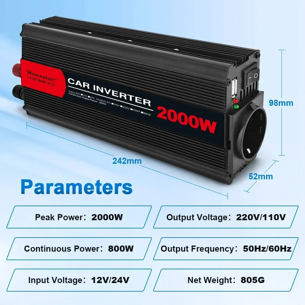 2000W Car Inverter DC12V 24V to AC220V  Portable Power Inverter 50 60Hz EU Universal Converter Adapter