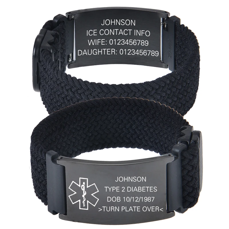 Personalisiertes Medizinisches Warnarmband Elastisches Nylon Individuell Graviertes Etikett Medizinisches ID-Armband Verstellbares Andenken-Geschenk für die Gesundheit – Detail 13