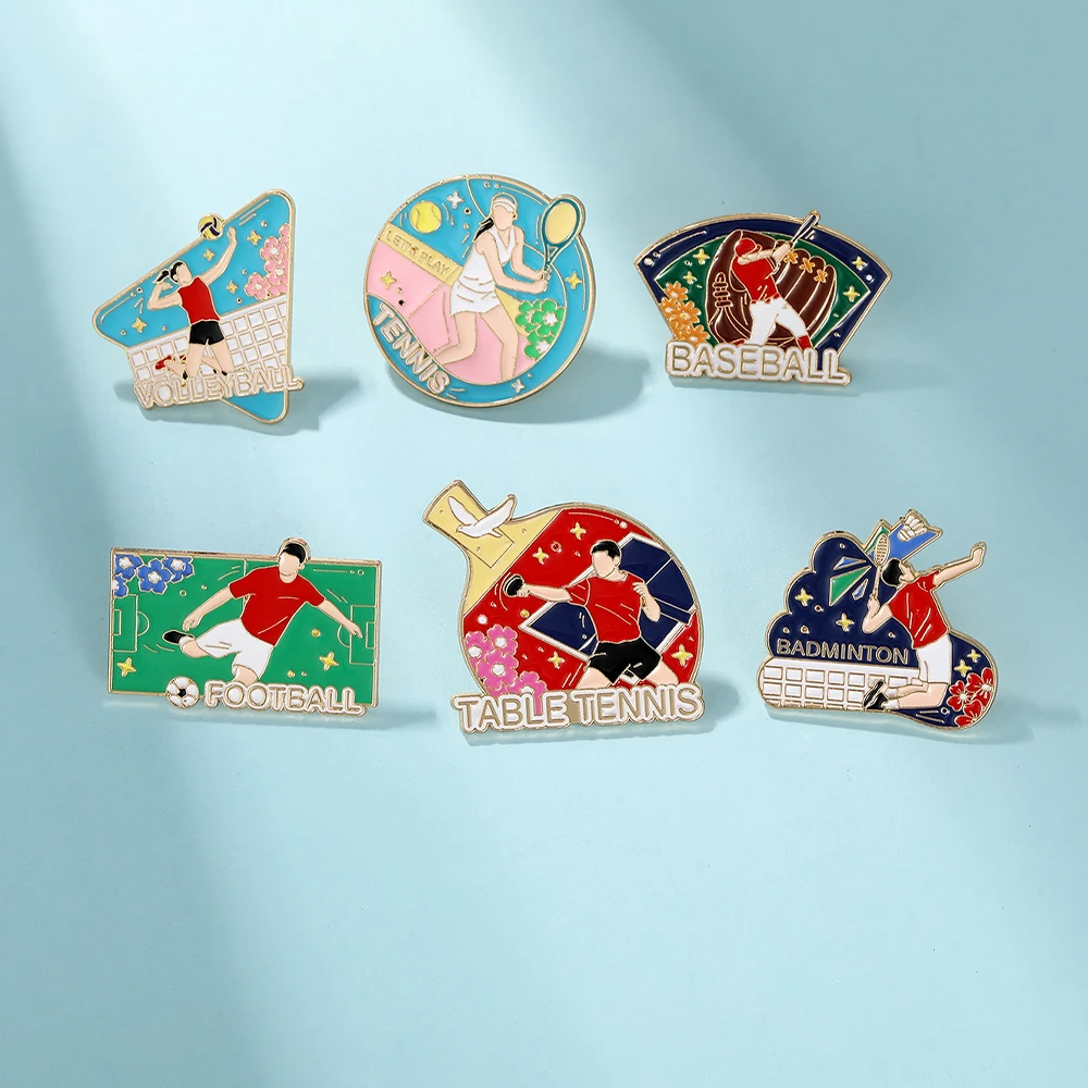 Statement Sports Theme Enamel Pins Volleyball Table Tennis Baseball Football Badminton Figure Pattern Brooches For Fans Gift