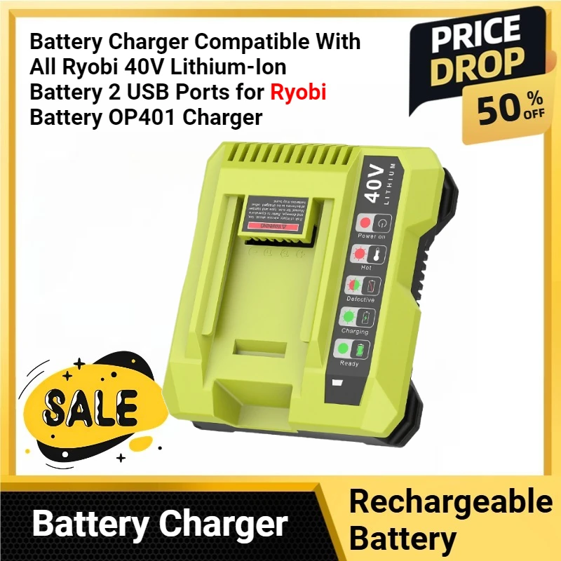 

40V Lithium-ion Battery Charger Compatible With All Ryobi 40V Lithium-Ion Battery 2 USB Ports for Ryobi Battery OP401 Charger