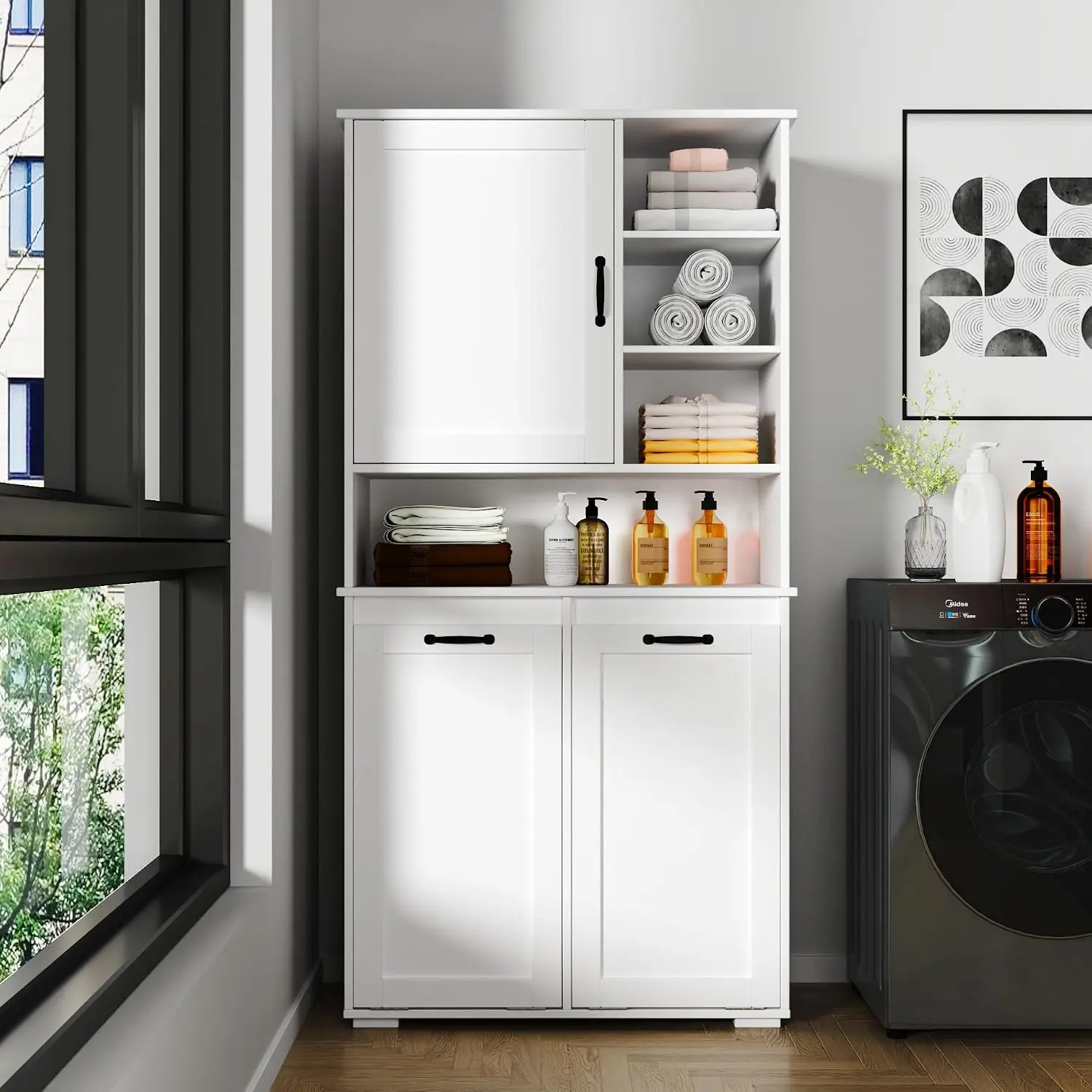 White Laundry Cabinet, Freestanding Tilt Out Hamper Storage Cupboard, Customized