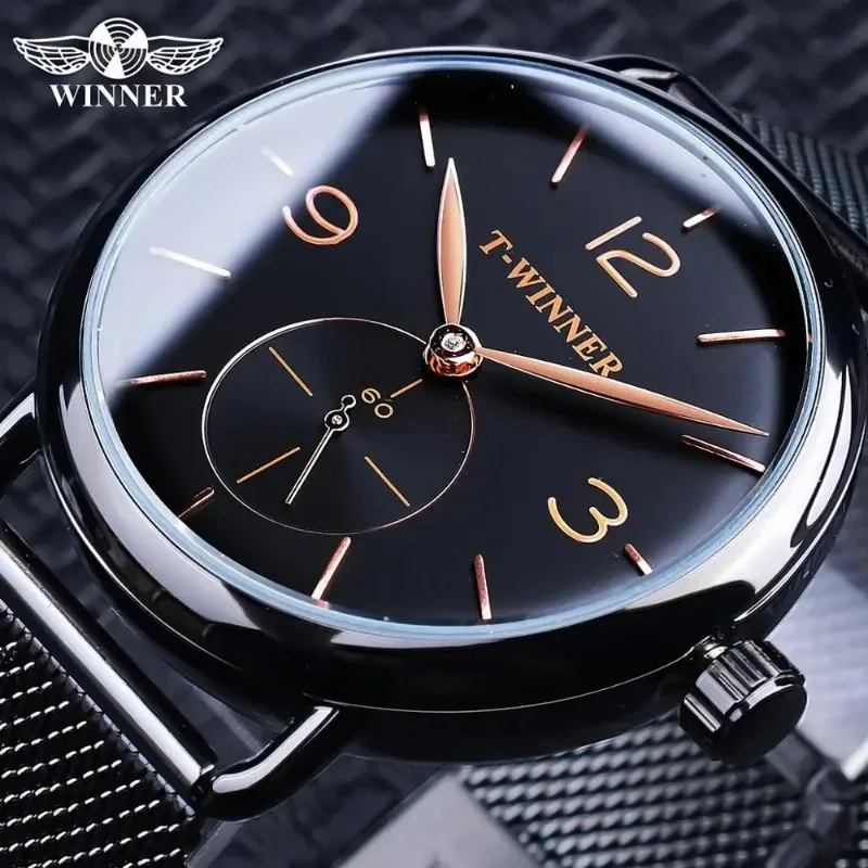 Winner Watch Men Simple Slim Thin Watches Luxury Gold Stainless Steel Mesh Band Auto Mechanical Wristwatches Men Reloj Hombre