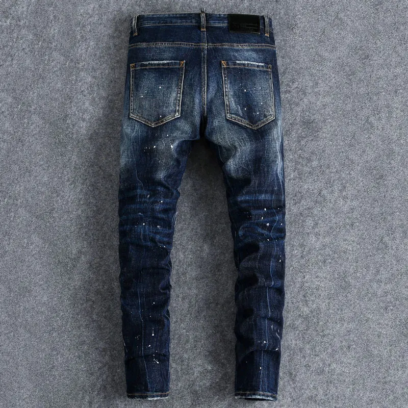 y2knew men's jeans stretch slim fit painted perforated patch washed blue jeans high street designer hip-hop brand splic