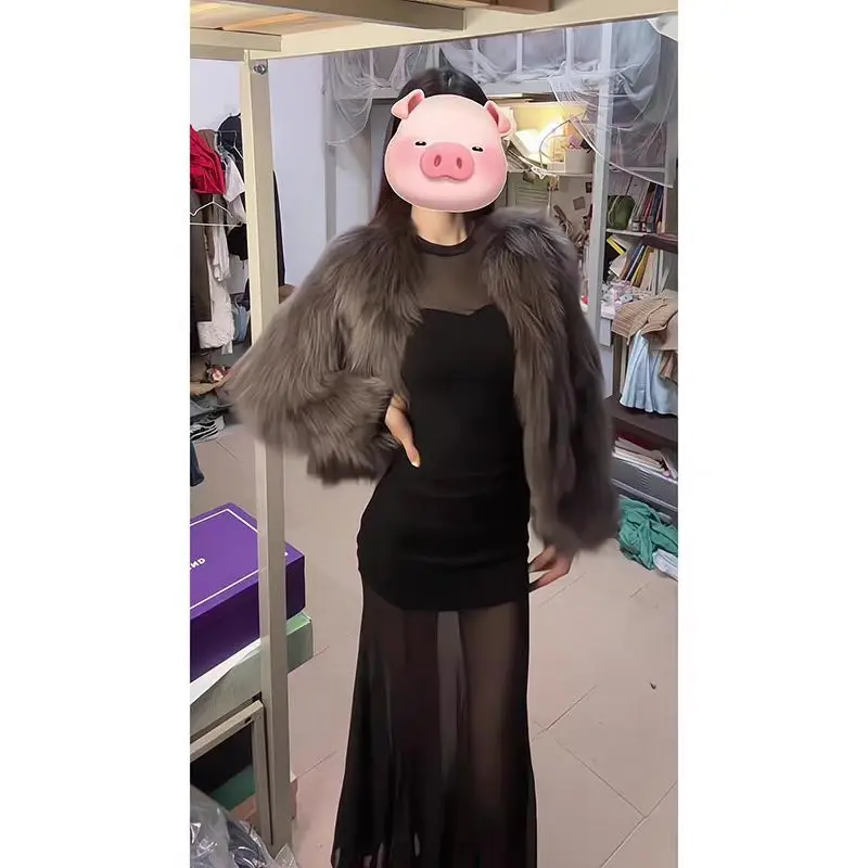 긴소매 여성 드레스 호코 여름 메쉬 튤 아플리케 머메이드 초미니 섹시 밀레니엄 핫걸 탄력성 솔리드