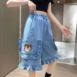Pantalones vaqueros informales holgados de cintura alta para mujer, Vaqueros elásticos rectos con estilo, bordado de dibujos animados, con bolsillos, pliegues, hasta la rodilla, estilo coreano, Verano