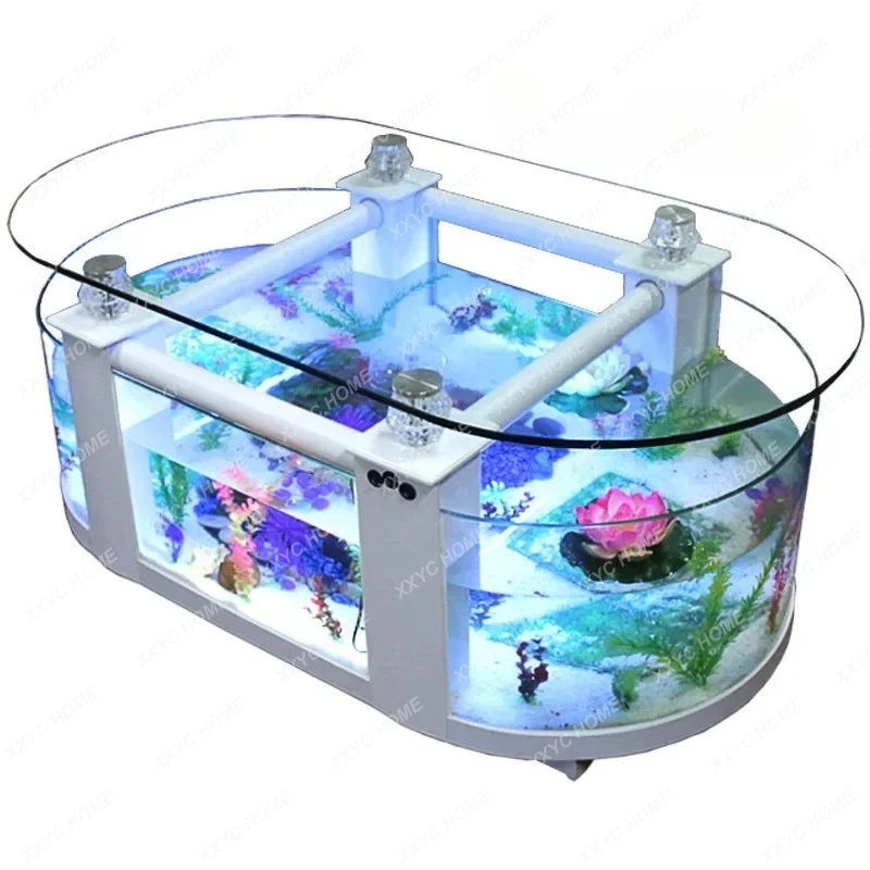 QQ Large Ecological Living Room Coffee Table Fish Tank Aquarium Round Glass Home Desktop Fish Tank Turtle Tank