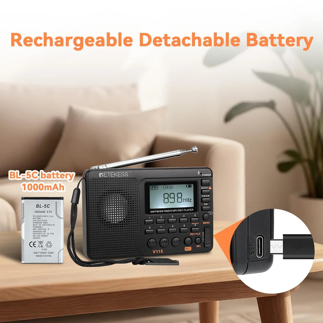 Retekess V115 radio Portable am fm Shortwave radio mini rechargeable radio with MP3 Player, Excellent Sound for Camping and Gift