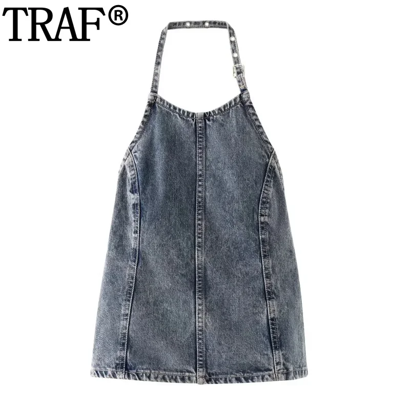 TRAF 2024 Off Shoulder Denim Top Woman Halter Crop Top Women Streetwear Backless Sexy Tank Tops Sleeveless Summer Jeans Tops