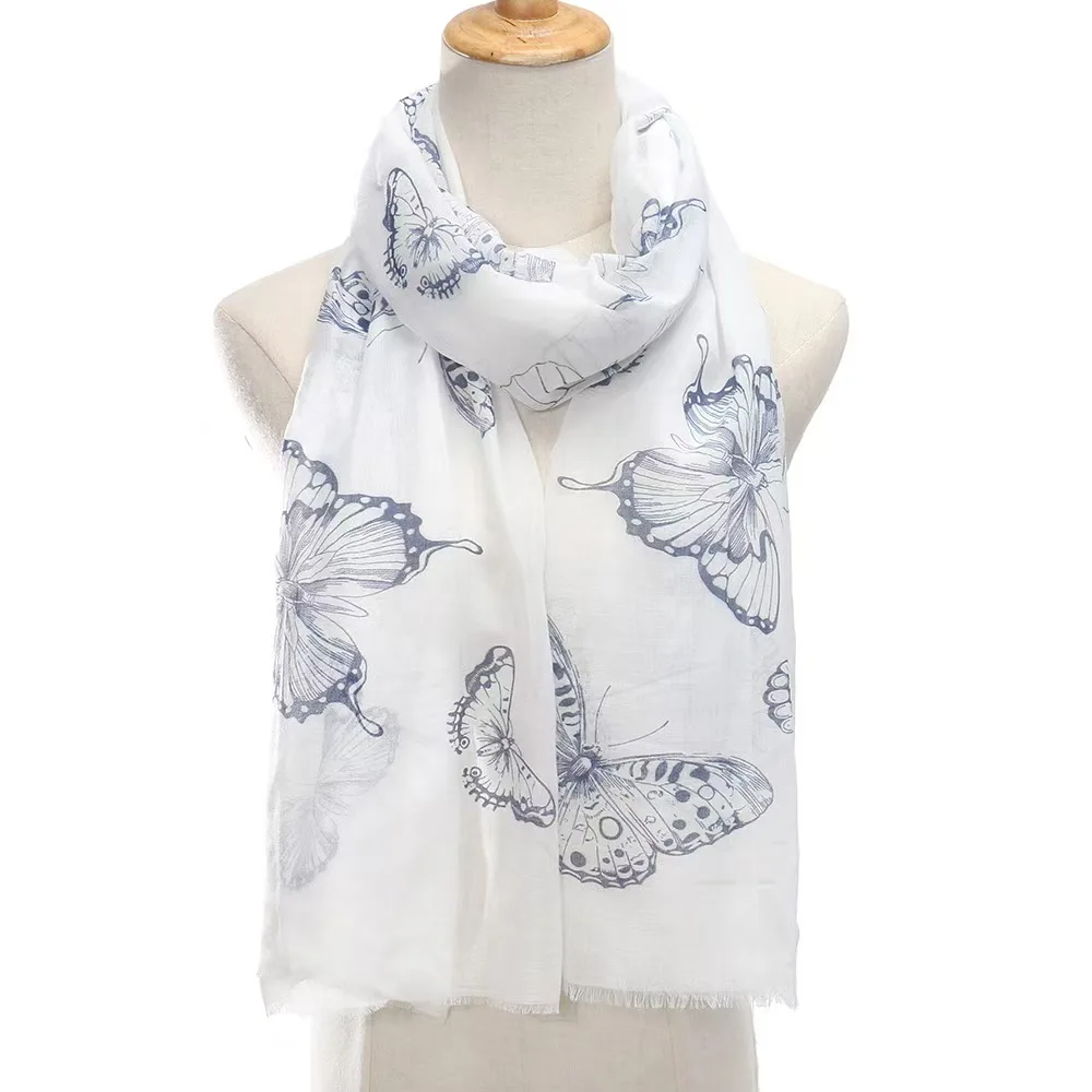 2025 New Fashion Big Butterfly Print Fringe Scarf Shawls Long Women Beautiful Soft Animal Hijab Wrap