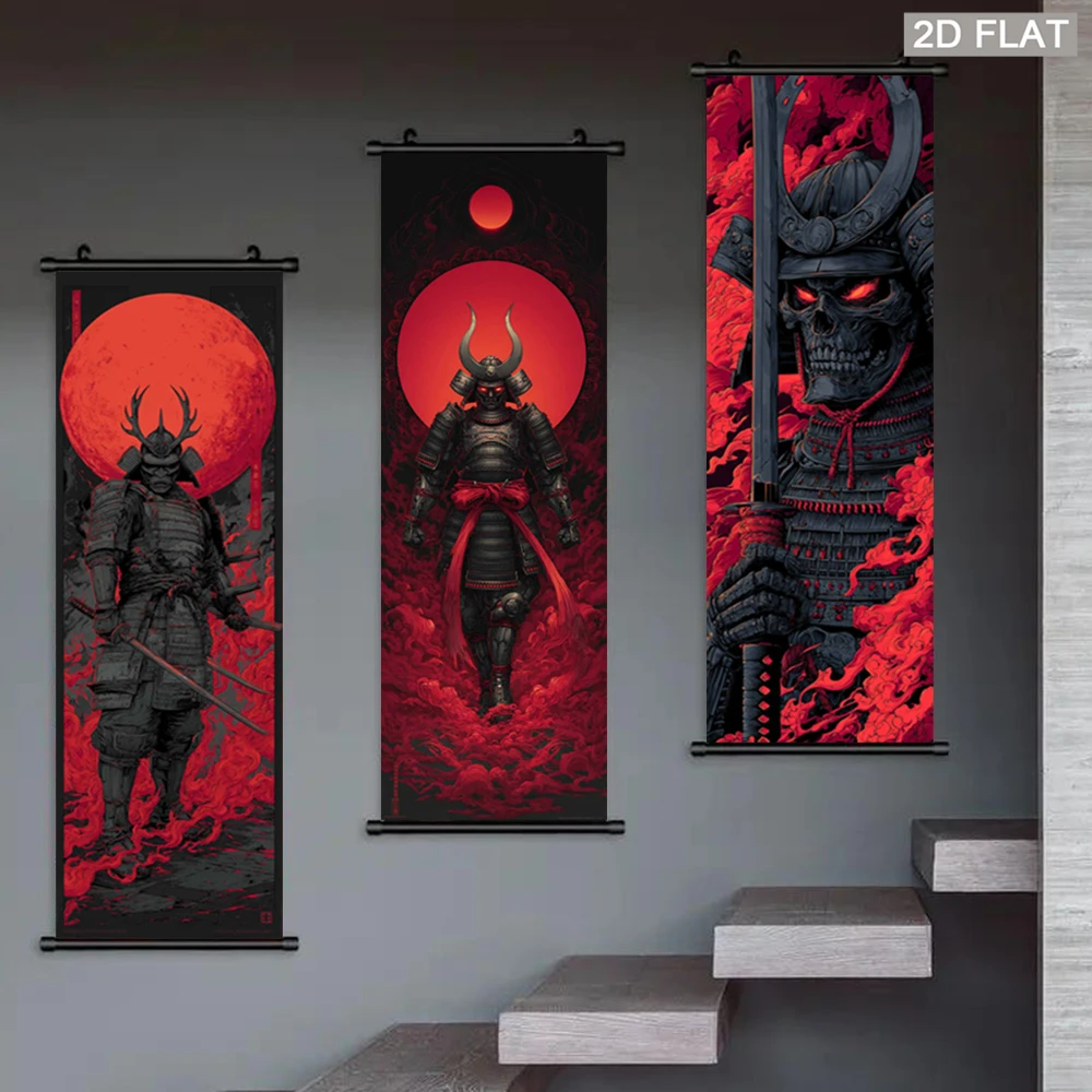 VIKAMA Vintage Ukiyo-e Samurai Scroll Tapestry, Red Cloud Skeleton Warrior Wall Hanging, Bedroom Wall Decor