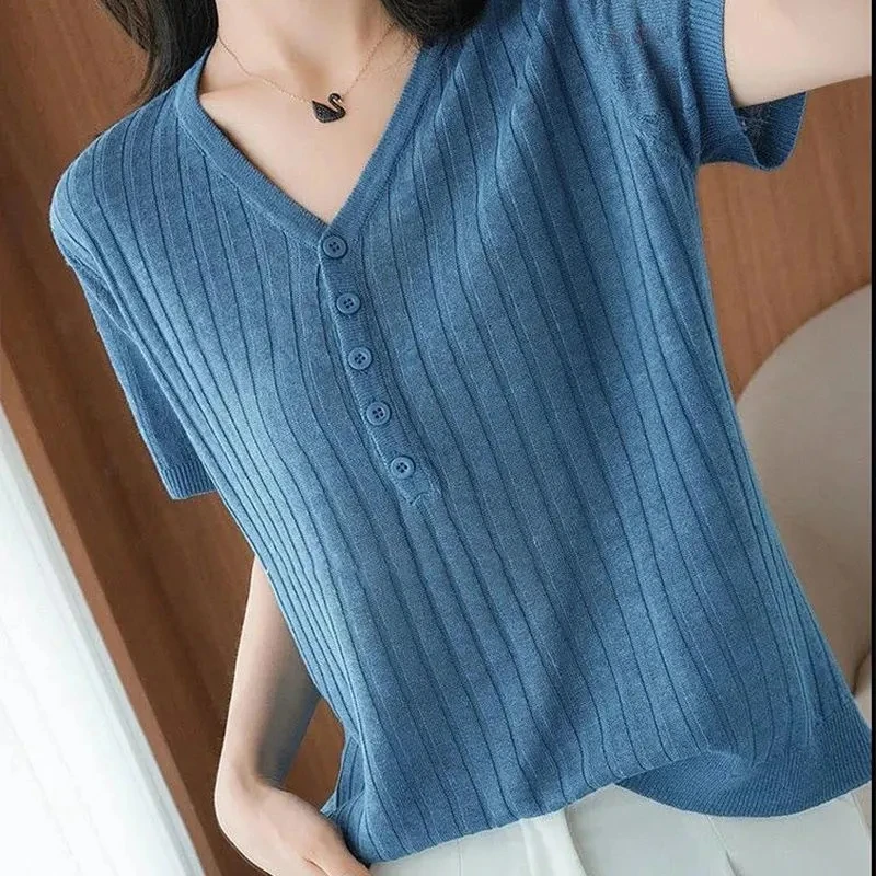 Summer Wome Ice Silk Short Sleeved T-shirt Korean Fashion V-neck Button Solid Loose Thin All-match Pullover Knitted Tops Female