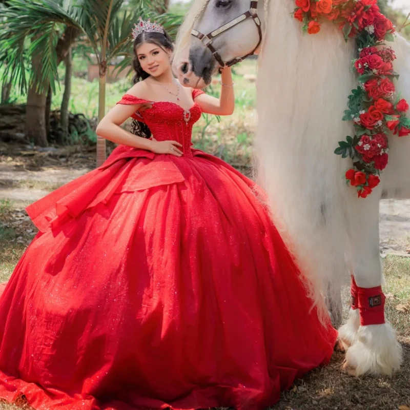 

Shiny Red Quinceanera Dresses Off the Shoulder Crystal Glitter Decal Long tail Bow Vestido De 15 Quinceanera Customize