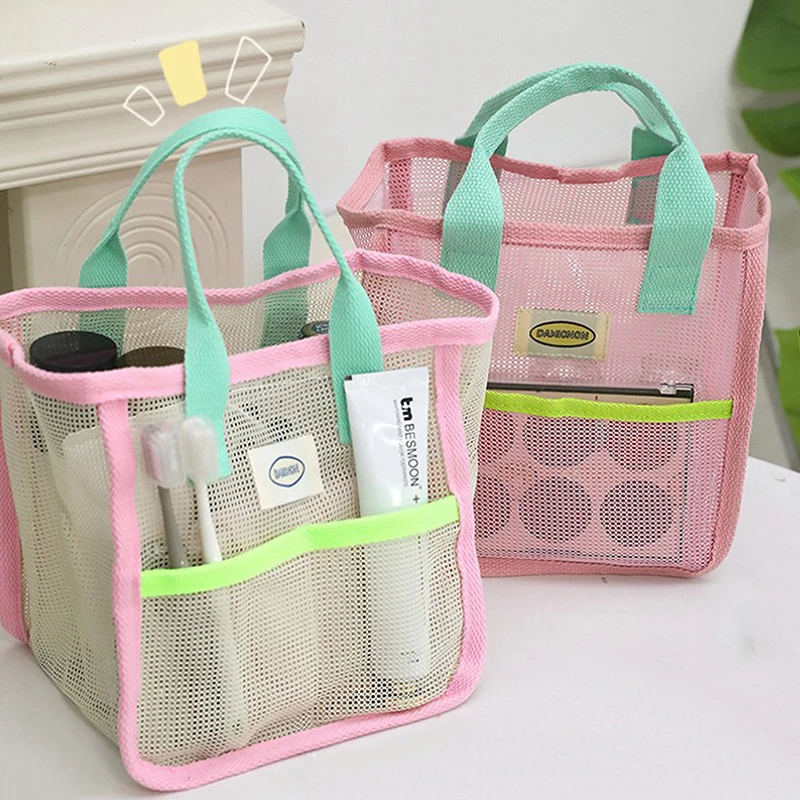 Pink Green Contrast Beach Bag Children's Toy Mesh Portable Storage Bag Outdoor Travel Swimming Toiletry Storage Bag Organizer