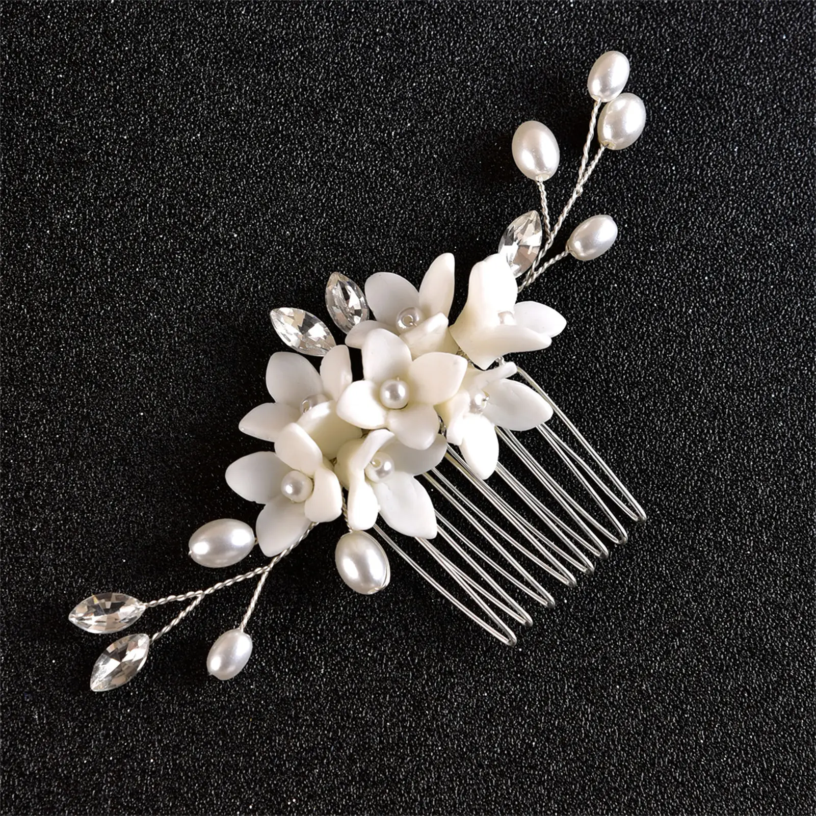 Perlen-Keramik-Blumen-Haarkamm Strass Braut-Haarspange aus Legierung Eleganter Hochzeits-Haarschmuck Hochzeits- und Abschlussball-Haarklammer – Detail 3